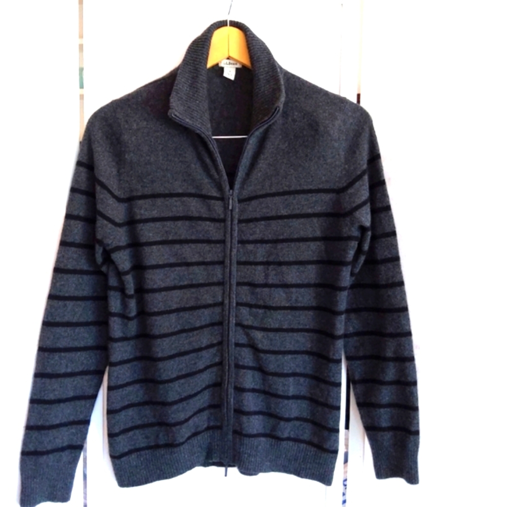 L.L. Bean 100% cashmere gray striped zip up sweater cardigan